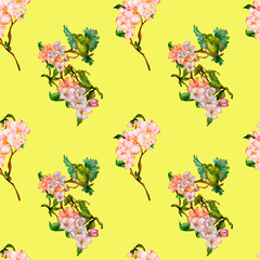 Green bird , blossom cherry tree seamless floral pattern