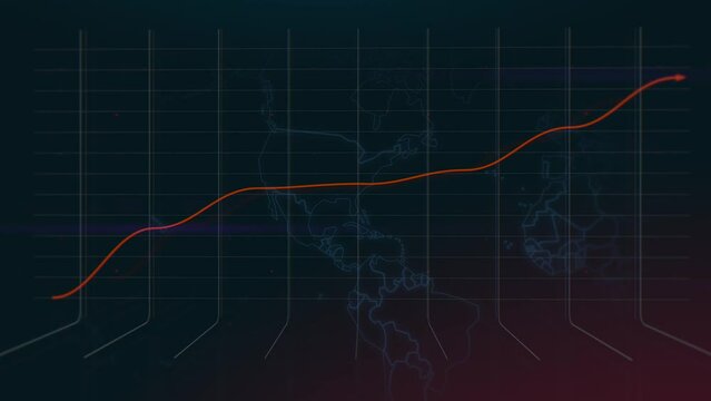 3D animation of rising vector red 2D bar chart with up arrow, Ultra HD 4K stock value, world map background