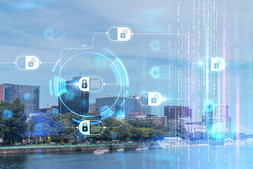 Panoramic picturesque Boston city view skyline and Massachusetts Institute of Technology campus at day time. A technological and educational center. Blockchain and cryptography concept, hologram