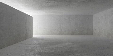 Abstract empty, modern concrete walls room with light from left and divider wall - industrial interior background template, copy space