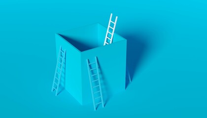 White ladder from inside box, modern minimal business thinking outside the box or exit strategy concept