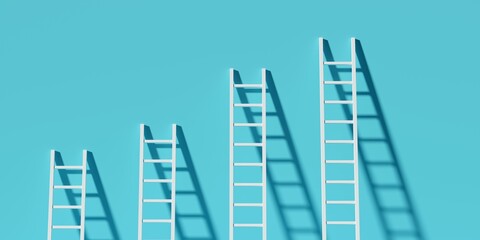 Series or row of ladders against cyan wall background, business success, career or achievement concept © Shawn Hempel