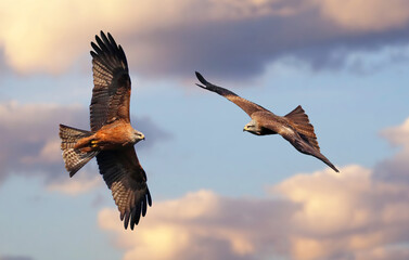 Couple of beautiful kites (Milvus milvus and Milvus migrans) in flight with cloudy sky background. Red and black kites. Flying bird of prey with vibrant colors and space for text. Taken in Spain.