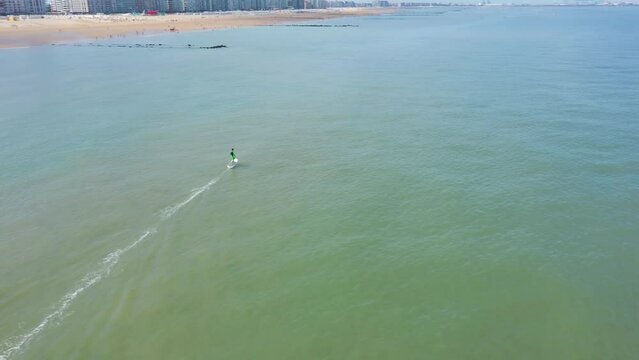 Aerial view of people doing water sport in Knokke, Belgium.