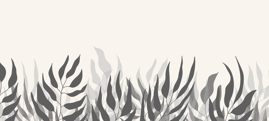 Floral web banner with drawn grey exotic leaves. Nature concept design. Modern floral compositions with summer branches. Vector illustration on the theme of ecology, natura, environment