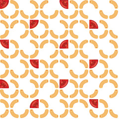 Seamless pattern with elbow macaroni and tomato slices 