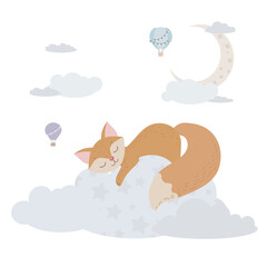 Cute fox sleeps on a cloud. The red fox hides among the clouds. Balloons and airship. Children's illustration, Cute print, vector. Isolated on a white background.