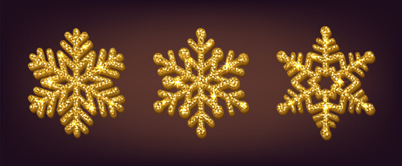 Set of glitter snowflake. Snowflake Christmas Decoration. Golden glittering Christmas decoration.