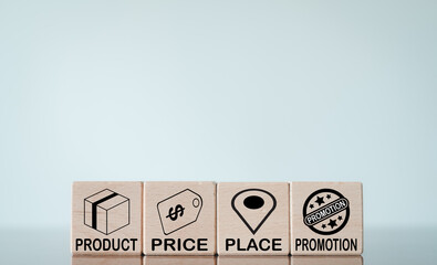 4P Marketing Mix for business concept.,4P marketing mix icon and text on wooden cube over white wall background with copyspace for put text or logo.