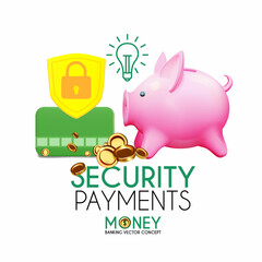 Save money idea concept. 3D cash, flying coins, card, secutity shield and piggy bank isolated on white. Banking concept.