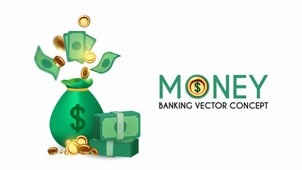 Money. 3D cash, money bag, wads. flying coins and dollar bills isolated on white. Banking concept.