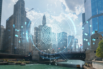 Panorama cityscape of Chicago downtown and Riverwalk, boardwalk with bridges at day time, Illinois, USA. Artificial Intelligence concept. AI and business, machine learning, neural network, robotics