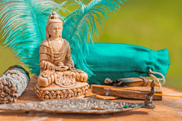Practicing meditation at home, reiki. Spiritual balance, chakras cleaning, relaxation concept