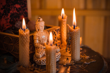 Practicing meditation at home, reiki. Spiritual balance, chakras cleaning, relaxation concept