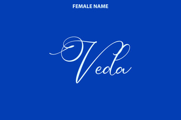 Text Lettering Female First Name Veda on Blue Background