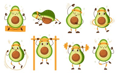 Cartoon avocado athlete. Funny vegetable character, sport mascot, cute green fruit gym activities, push and pull ups, yoga and fitness, healthy lifestyle. Kawaii emoticon workout vector set