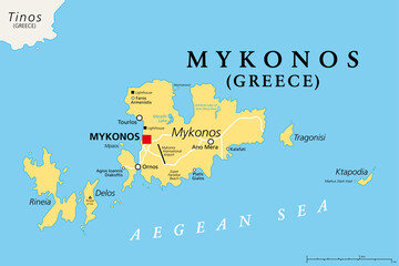 Mykonos, an island of Greece, political map. Greek island in the Aegean Sea, and part of the Cyclades. Nicknamed The Island of the Winds, known as a gay-friendly destination with a vibrant nightlife.  - obrazy, fototapety, plakaty