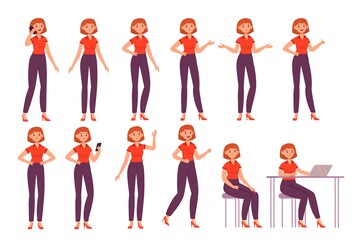 Cartoon female character poses. Happy woman in different poses, actions and emotions, standing and sitting, working on computer, casual clothes, in t-shirt and trousers vector set