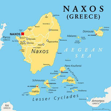 Naxos and Lesser Cyclades, Greek islands, political map. Island group in the Aegean Sea, and part of the Cyclades archipelago. Popular tourist destination with a number of beaches and several ruins.