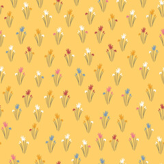 Seamless floral pattern based on traditional folk art ornaments. Colorful flowers on color background. Scandinavian style. Sweden nordic style. Vector illustration. Simple minimalistic pattern