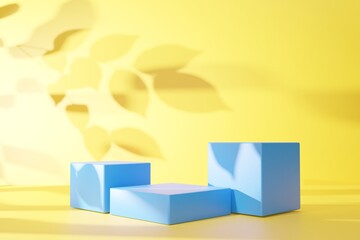 Blue podium and leaf shadow on yellow abstract background.