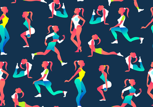 Woman Fitness Seamless Pattern. Workout girl. Fit Equipment. Sports and Health Care Flyer Template in Trendy Colors. Gym Design.