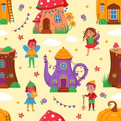 Magic houses seamless pattern. Little funny homes, fabulous creatures with flowers and garlands, cute fairies and elves, childish background. Decor textile, wrapping paper, vector print