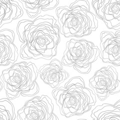 Fototapeta premium Seamless floral pattern silhouette art line ornaments. Black and white background with flowers. Vector illustration. Simple minimalistic pattern. Contour graphics for invitation, card, textile, fabric
