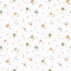 Seamless hand drawn Pattern with atmosphere of party with  stars falling on white background. Watercolor print for textile, scrapbooking paper, greeting cards, fabrics, wallpaper.