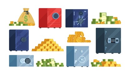 Safe boxes and money. Cartoon bank vault with banknotes, coins and gold bars, closed metal lockers with different types locks, deposit storage, various colors iron strongbox vector set - obrazy, fototapety, plakaty