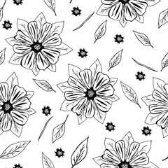 Seamless pattern of hand-drawn outline flowers and leaves. Floral elements theme