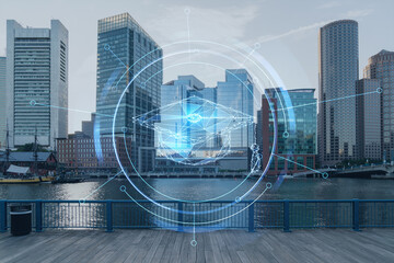 Panorama city view of Boston Harbour at day time, Massachusetts. Building exteriors of financial downtown. Technological and educational concept. Academic research, top ranking universities, hologram