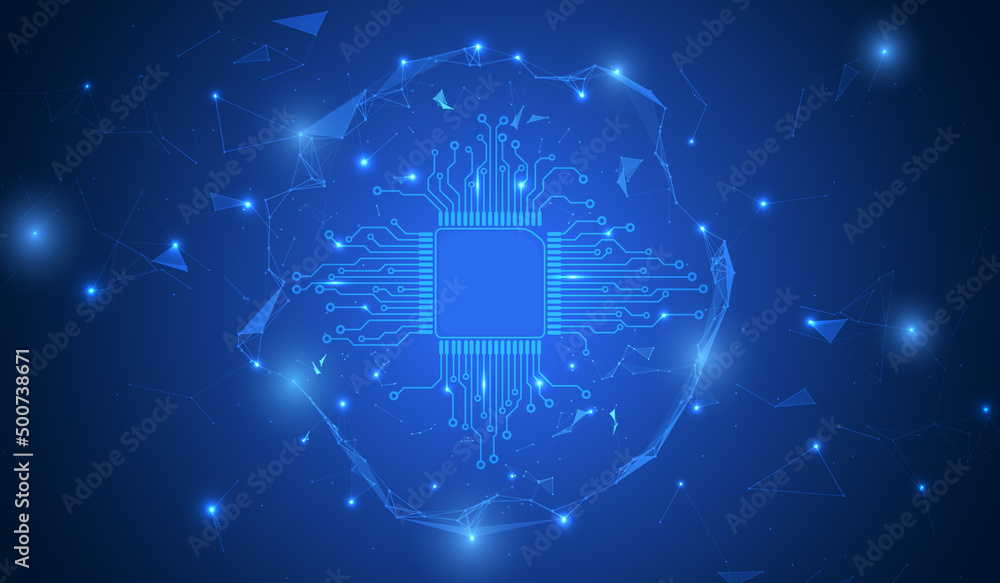 Aufkleber Abstract blue technology CPU chip processor, circuit board electronic line data connection in polygon plexus element circle structure frame futuristic concept vector.