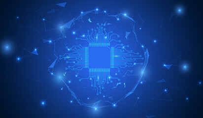 Abstract blue technology CPU chip processor, circuit board electronic line data connection in polygon plexus element circle structure frame futuristic concept vector.