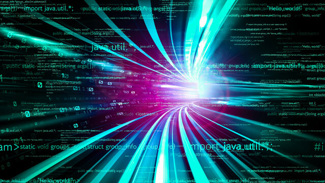 Software development, application programming code and tacit computer coding . Concept of smart digital transformation and technology disruption that changes global trends in new information era .