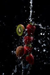 Obraz na płótnie Canvas Row of strawberries and kiwi being doused with plenty of water against a black background