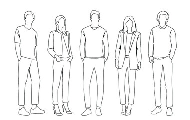 Vector silhouettes of  men and a women, a group of standing  business people,  linear sketch, black, gray and white color isolated on white background