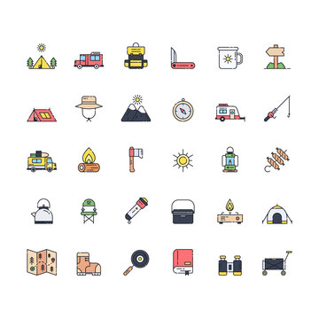 Summer camp icon set. Summer camp filled outline icon. Vector illustration.