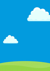 入道雲が浮かぶ夏の青空と緑色の丘の背景素材：サマータイム・アウトドアイベント・イメージ素材・A4比率