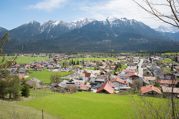 Fototapeta na wymiar view to spa town Wallgau from hiking trail, upper bavaria