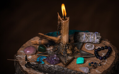 Magical illustration, esoteric concept. Candles for clean your energy, reiki. Gem stones and other...