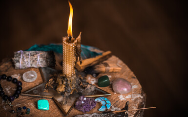 Magical illustration, esoteric concept. Candles for clean your energy, reiki. Gem stones and other...