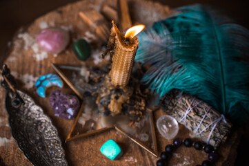 Magical illustration, esoteric concept. Candles for clean your energy, reiki. Gem stones and other...