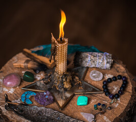 Magical illustration, esoteric concept. Candles for clean your energy, reiki. Gem stones and other stuff on a table