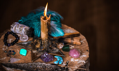Magical illustration, esoteric concept. Candles for clean your energy, reiki. Gem stones and other...