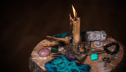 Magical illustration, esoteric concept. Candles for clean your energy, reiki. Gem stones and other...