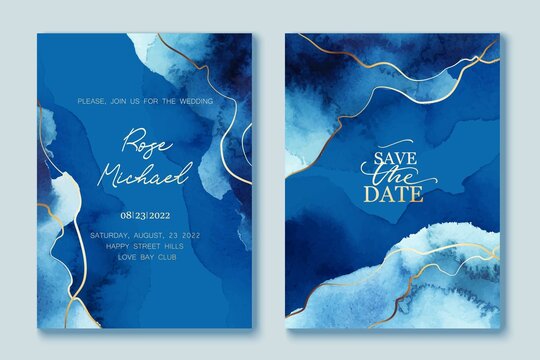 Set of elegant, romantic wedding cards, covers, invitations with shades of blue. Golden lines, splatters.