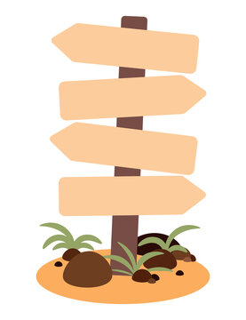 Wooden Post Sticks Out Of The Ground With Arrows Pointing In Different Directions. Very Difficult Decision Of Choosing The Direction. Sign White Background Flat Vector Best Premium Illustration.