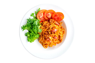 Top view of plate with spaghetti in tomato sauce and basil on white background.Tasty pasta with shrimps,mushroom Sea food.