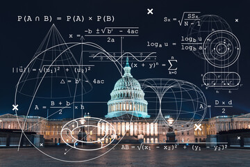 Front view, Capitol dome building at night, Washington DC, USA. Illuminated Home of Congress and...